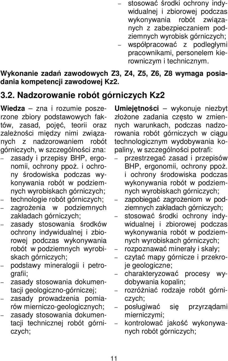 3.2. Nadzorowanie robót górniczych Kz2 Wiedza zna i rozumie poszerzone zbiory podstawowych faktów, zasad, pojęć, teorii oraz zależności między nimi związanych z nadzorowaniem robót górniczych, w