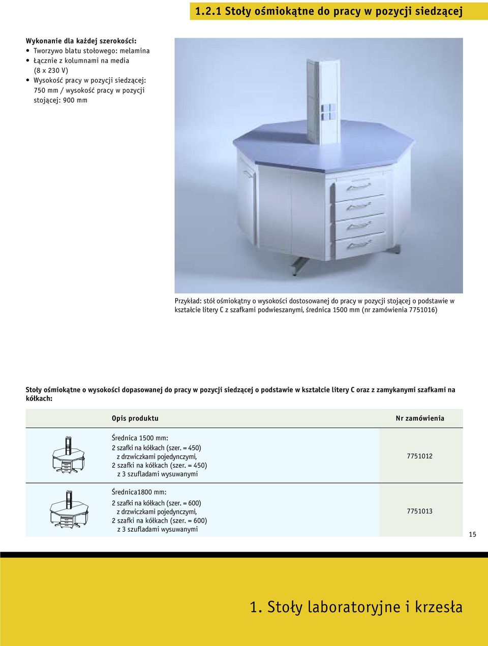 1500 mm (nr zamówienia 7751016) Stoły ośmiokątne o wysokości dopasowanej do pracy w pozycji siedzącej o podstawie w kształcie litery C oraz z zamykanymi szafkami na kółkach: Średnica 1500 mm: 2