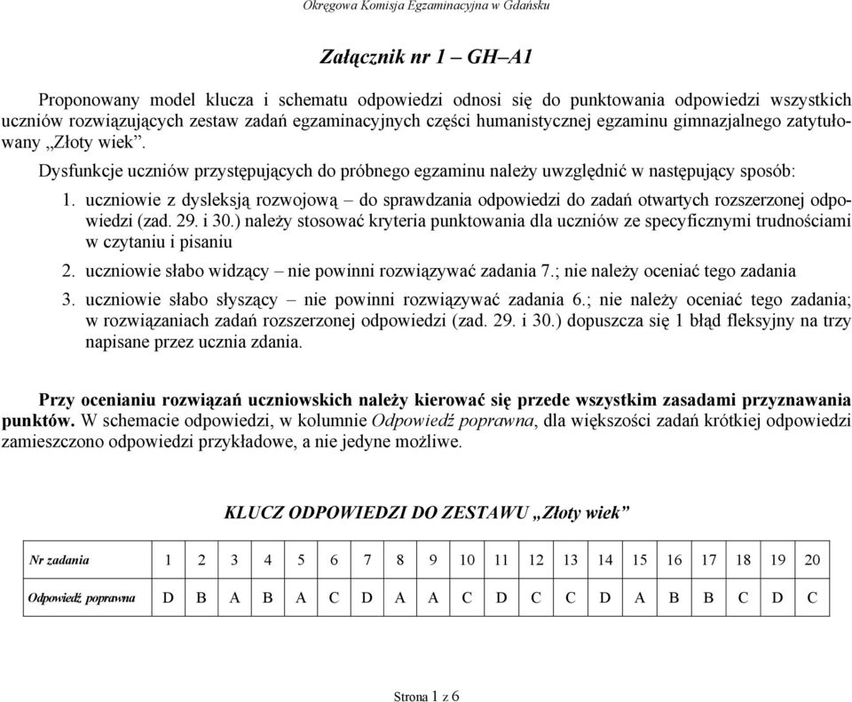 uczniowie z dysleksją rozwojową do sprawdzania odpowiedzi do zadań otwartych rozszerzonej odpowiedzi (zad. 29. i 30.