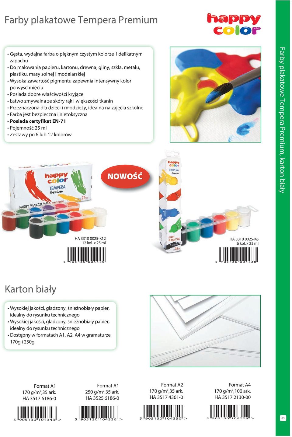 zajęcia szkolne Farba jest bezpieczna i nietoksyczna Posiada certyfikat EN-71 Pojemność 25 ml Zestawy po 6 lub 12 kolorów NWŚĆ Farby plakatowe Tempera Premium, karton biały HA 33 25-K12 12 kol.
