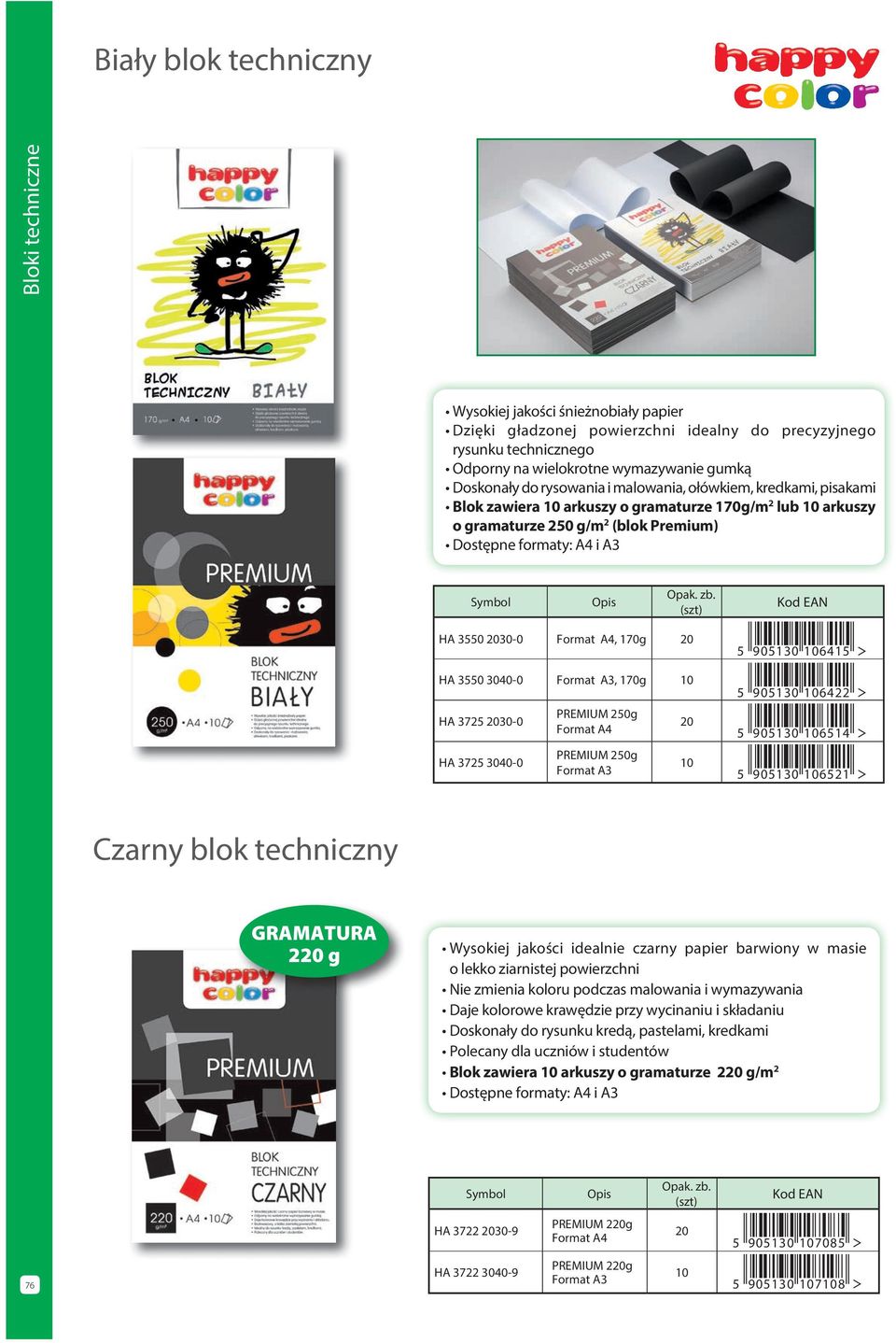 (szt) Kod EAN HA 355 23-, 17g 2 HA 355 34- Format A3, 17g HA 3725 23- HA 3725 34- PREMIUM 25g PREMIUM 25g Format A3 2 5 9513 6415 5 9513 62 5 9513 6514 5 9513 6521 Czarny blok techniczny GRAMATURA 22