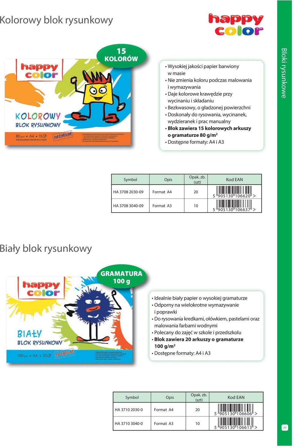 (szt) Kod EAN HA 378 23-9 2 HA 378 34-9 Format A3 5 9513 662 5 9513 6637 Biały blok rysunkowy GRAMATURA g Idealnie biały papier o wysokiej gramaturze dporny na wielokrotne wymazywanie i poprawki Do