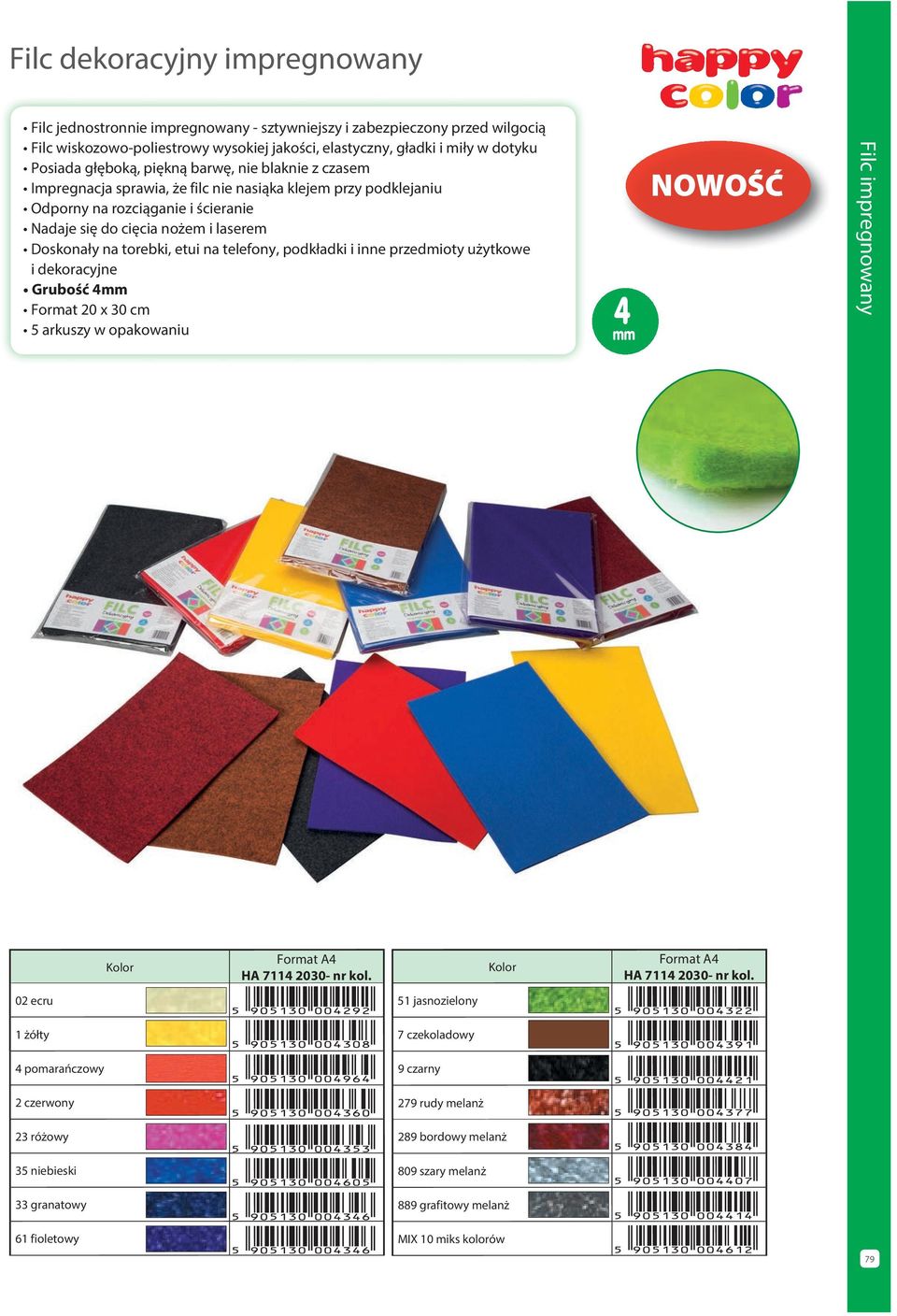 torebki, etui na telefony, podkładki i inne przedmioty użytkowe i dekoracyjne Grubość 4mm Format 2 x 3 cm 5 arkuszy w opakowaniu 4 NWŚĆ Filc impregnowany HA 7114 23- nr kol.