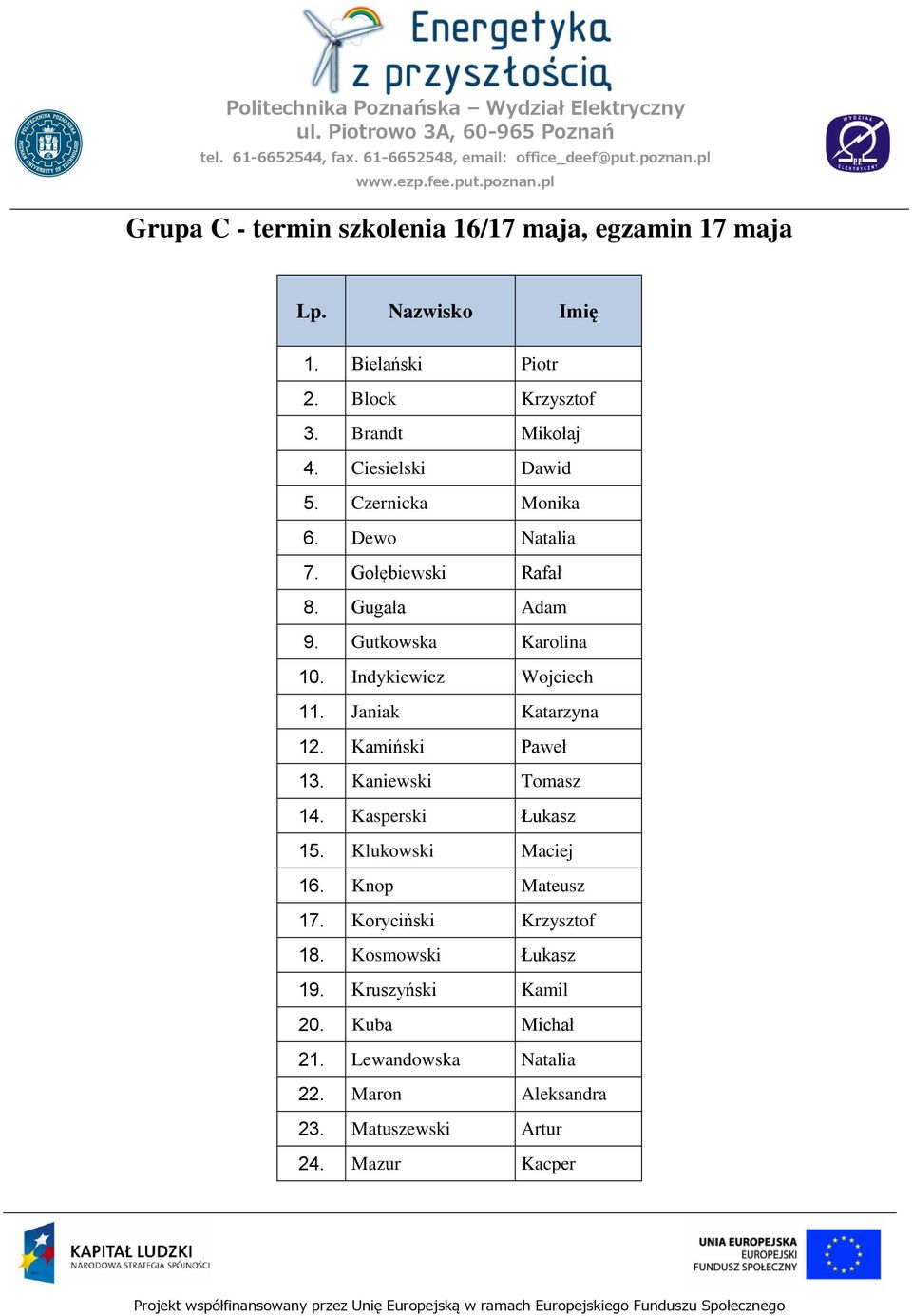 Janiak Katarzyna 12. Kamiński Paweł 13. Kaniewski Tomasz 14. Kasperski Łukasz 15. Klukowski Maciej 16. Knop Mateusz 17.