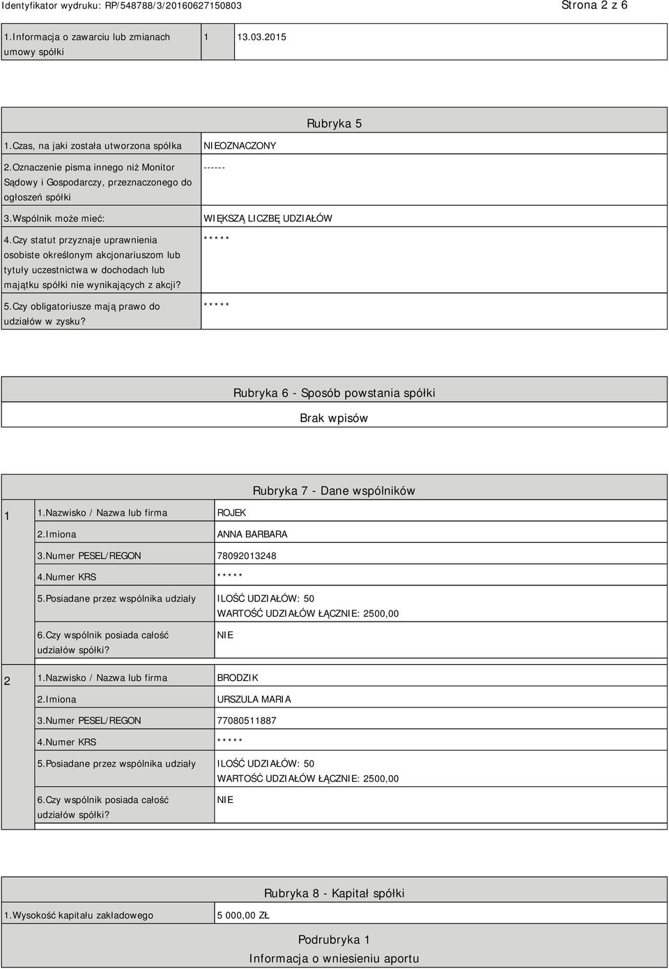 Czy statut przyznaje uprawnienia osobiste określonym akcjonariuszom lub tytuły uczestnictwa w dochodach lub majątku spółki nie wynikających z akcji? 5.