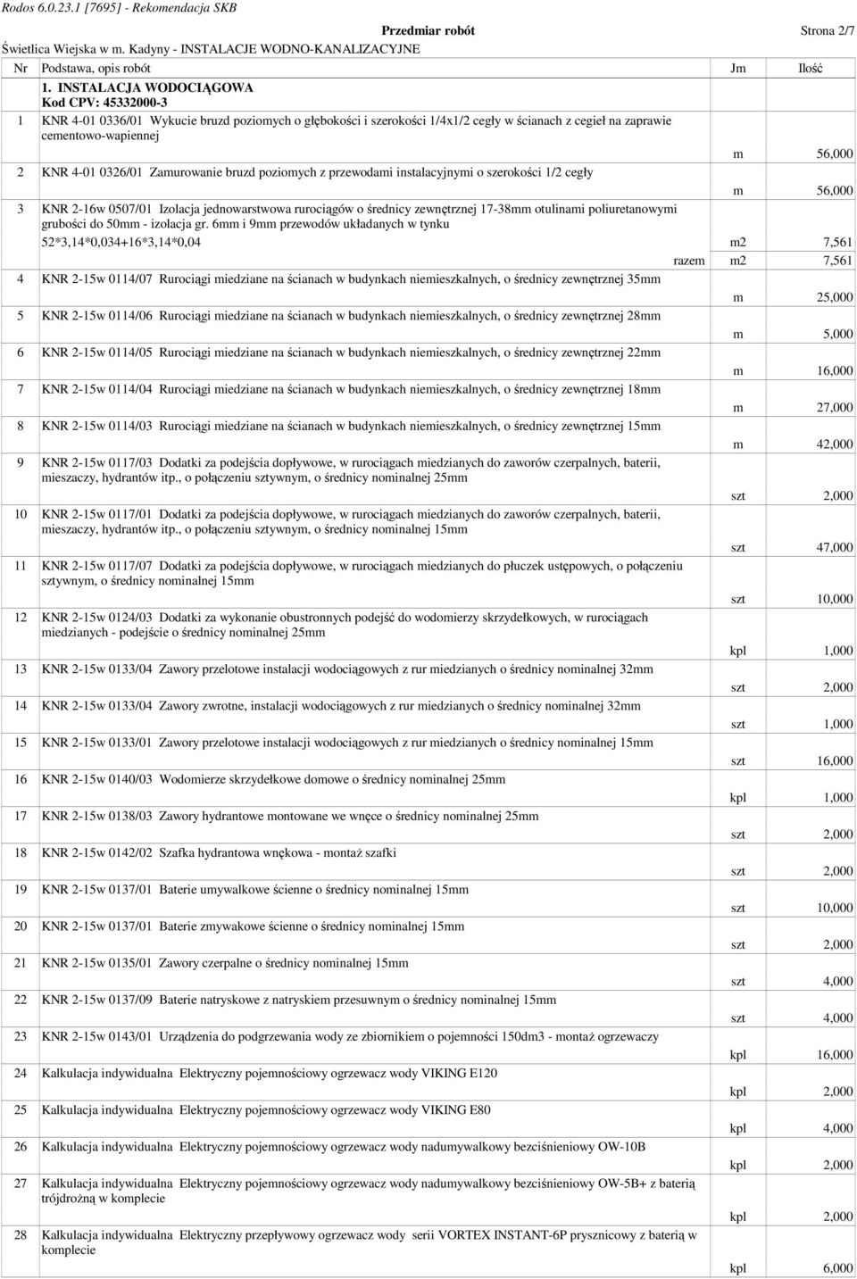 0326/01 Zamurowanie bruzd poziomych z przewodami instalacyjnymi o szerokości 1/2 cegły m 56,000 3 KNR 2-16w 0507/01 Izolacja jednowarstwowa rurociągów o średnicy zewnętrznej 17-38mm otulinami