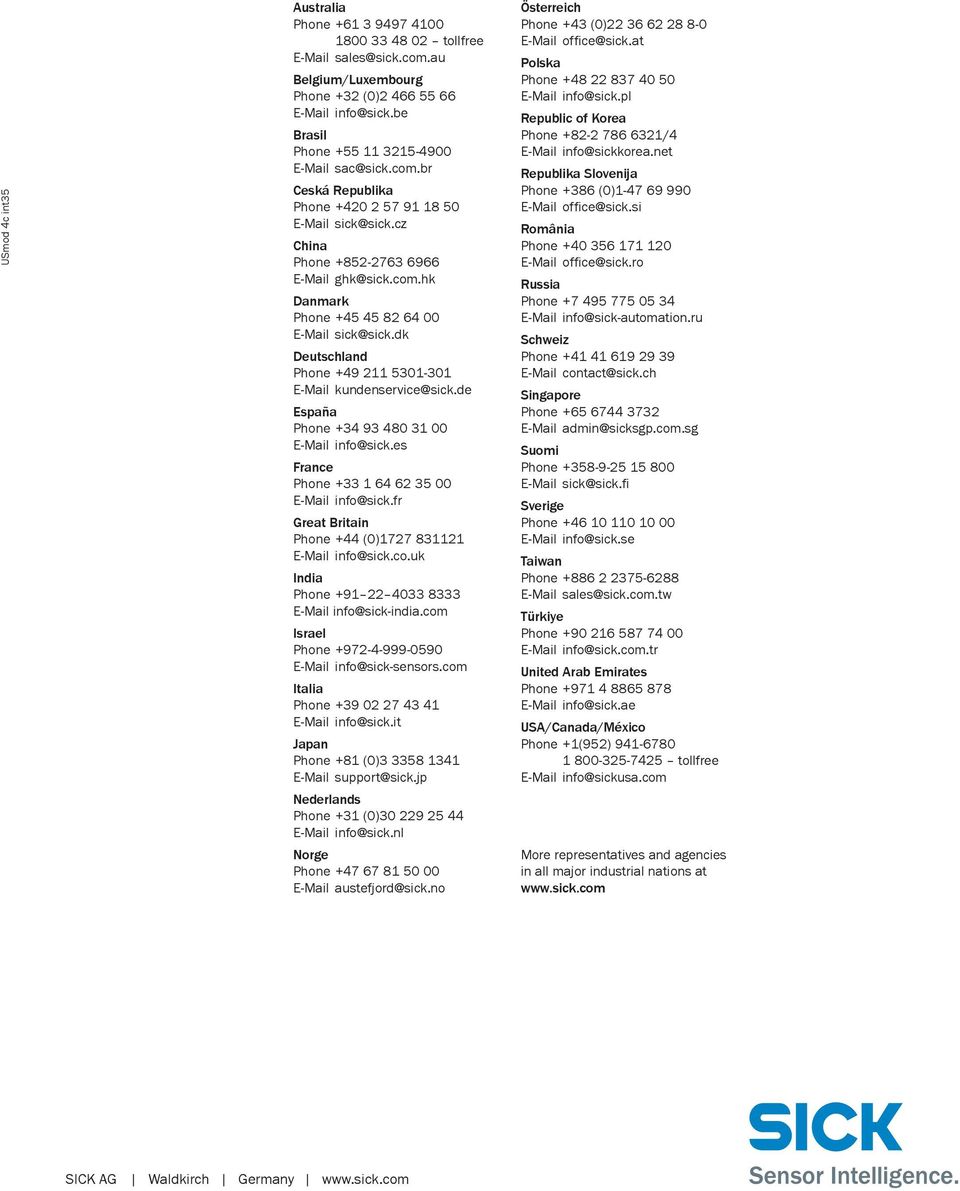 dk Deutschland Phone +49 211 5301-301 E-Mail kundenservice@sick.de España Phone +34 93 480 31 00 E-Mail info@sick.es France Phone +33 1 64 62 35 00 E-Mail info@sick.