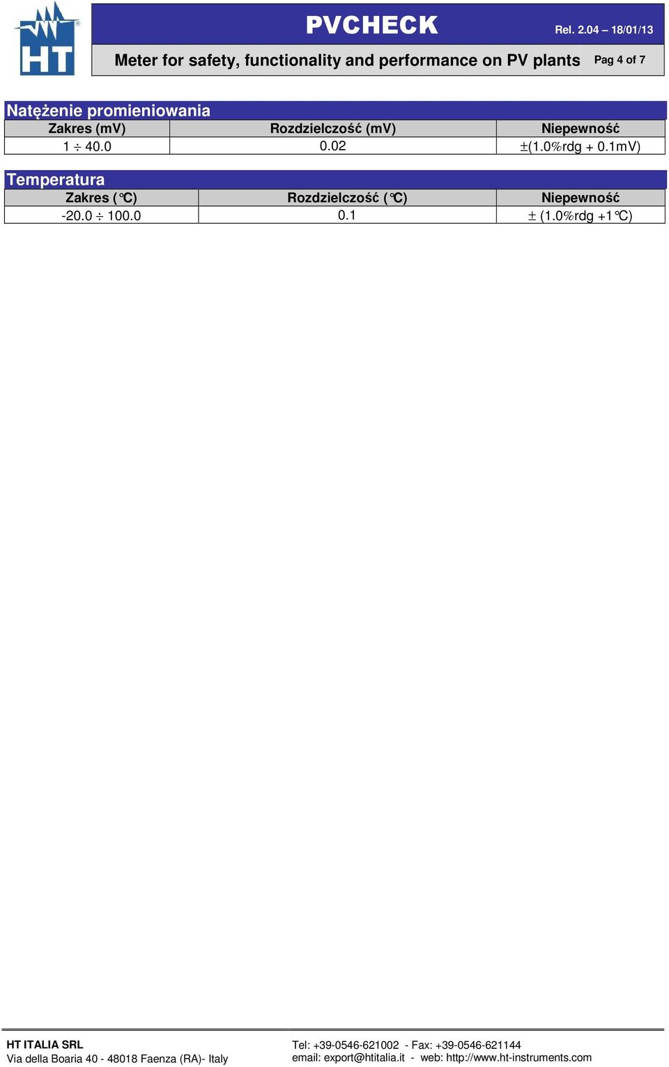 (mv) Niepewność 1 40.0 0.02 ±(1.0%rdg + 0.