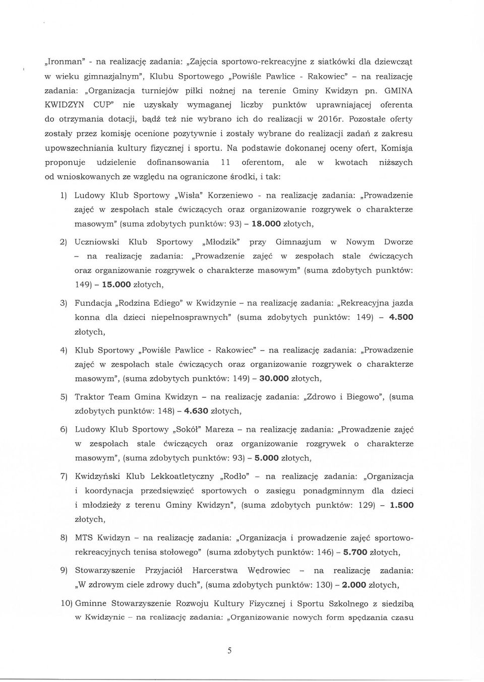 GMINA KWIDZYN CUP" nie uzyskały wymaganej liczby punktów uprawniającej oferenta do otrzymania dotacji, bądź też nie wybrano ich do realizacji w 2016r.