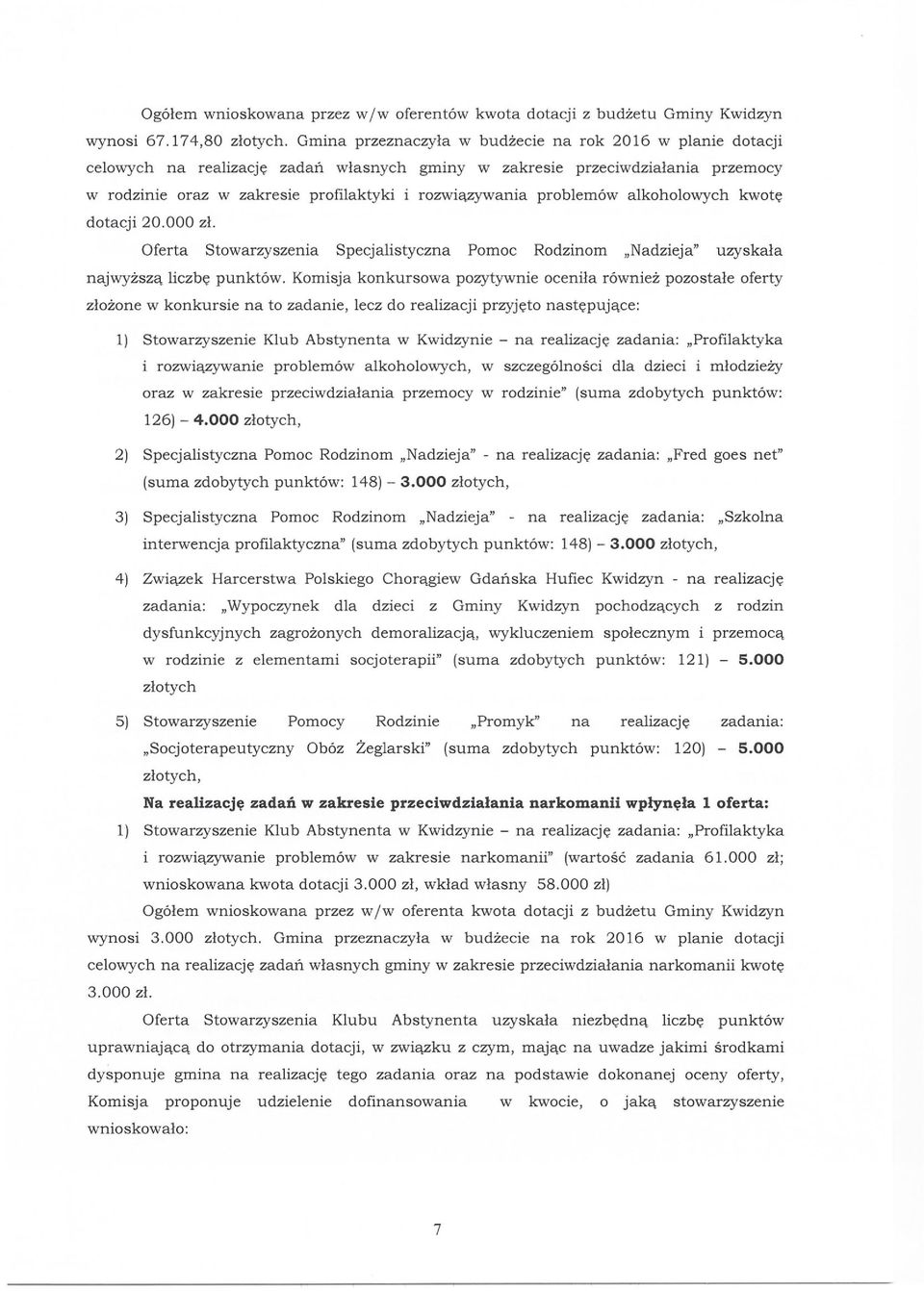 problemów alkoholowych kwotę dotacji 20.000 zł. Oferta Stowarzyszenia Specjalistyczna Pomoc Rodzinom "Nadzieja" uzyskała najwyższą liczbę punktów.