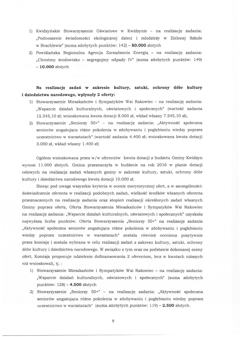 000 złotych Na realizację zadań w zakresie kultury, sztuki, ochrony dóbr kultury i dziedzictwa narodowego, wpłynęły 2 oferty: 1) Stowarzyszenie Mieszkańców i Sympatyków Wsi Rakowiec - na realizację