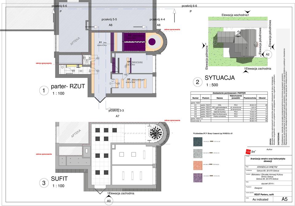 93 m² 0/5 Sala Konferencyjna zakres opracowania P Elewacja wschodnia1 1Elewacja południowa APTEKA 1 1Elewacja zachodnia UWAGA: Wszystkie wymiary wykonywanych elementów sprawdzić i dostosować do stanu