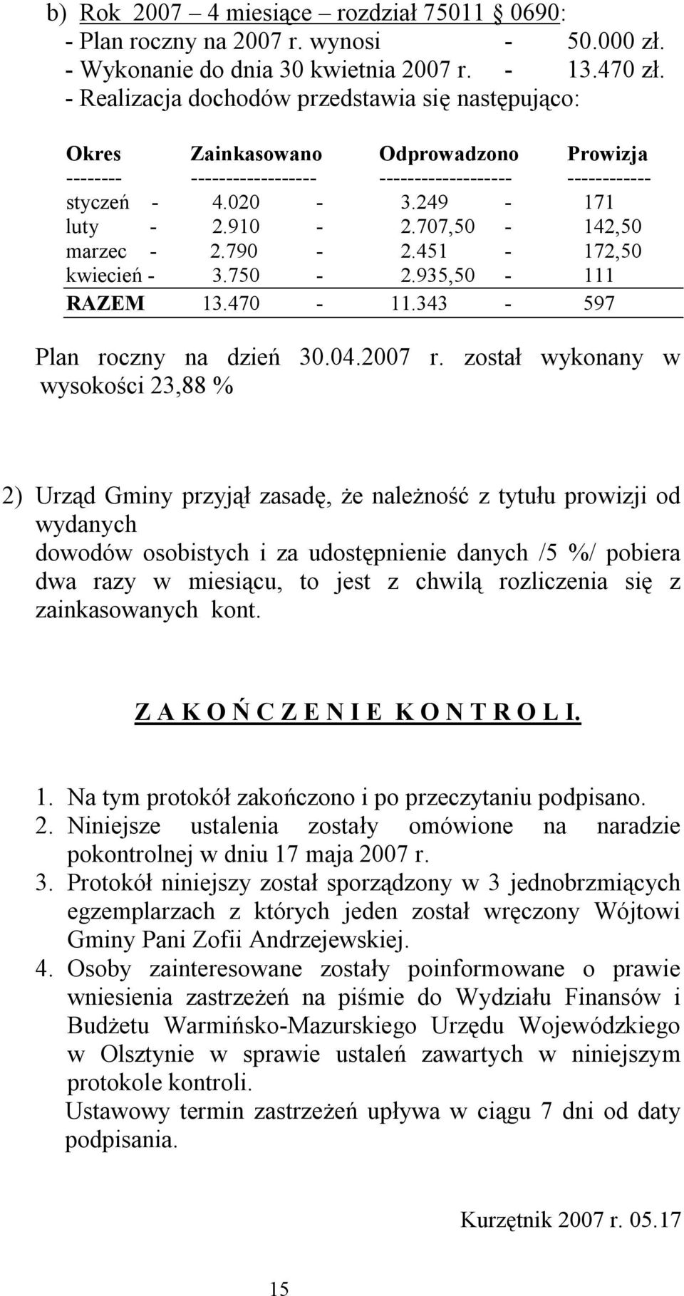 707,50-142,50 marzec - 2.790-2.451-172,50 kwiecień - 3.750-2.935,50-111 RAZEM 13.470-11.343-597 Plan roczny na dzień 30.04.2007 r.
