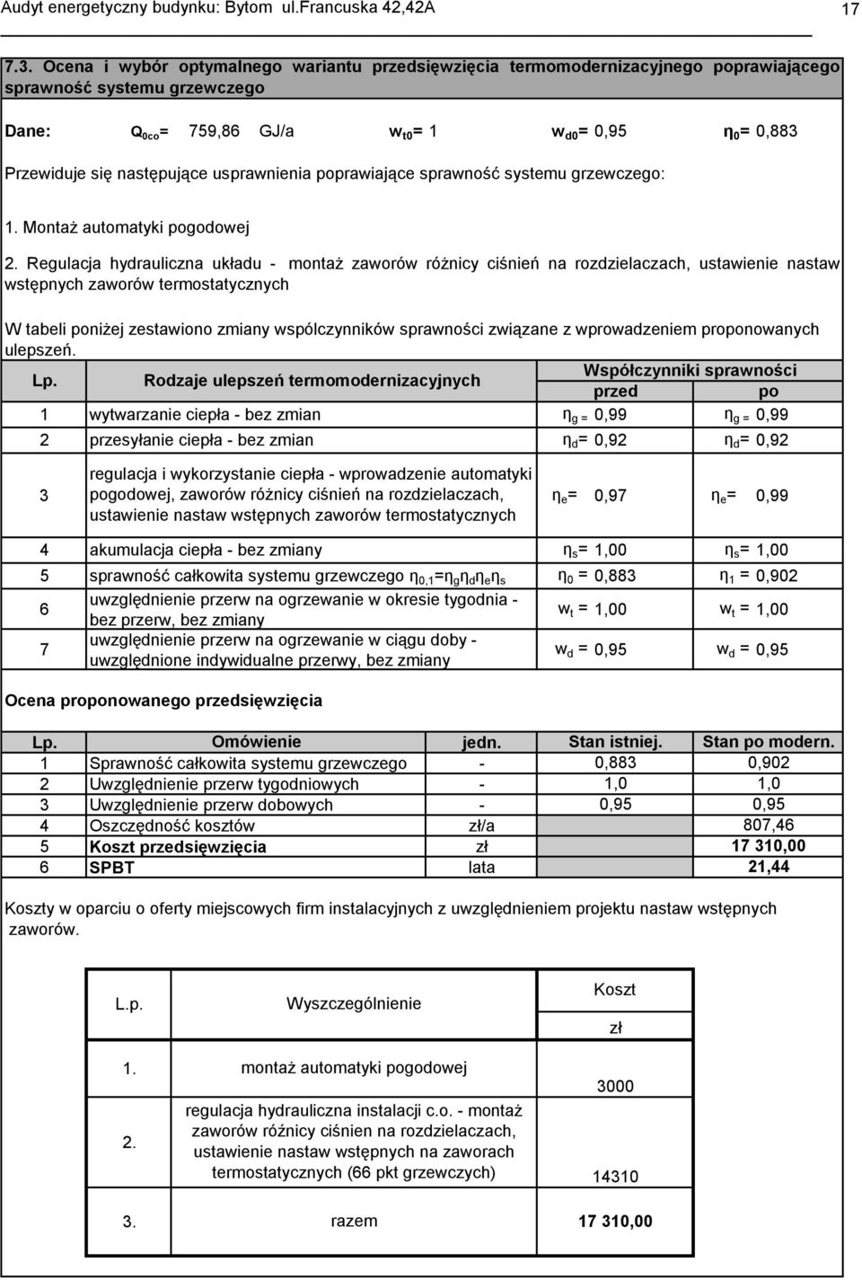 następujące usprawnienia poprawiające sprawność systemu grzewczego: 1. Montaż automatyki pogodowej 2.