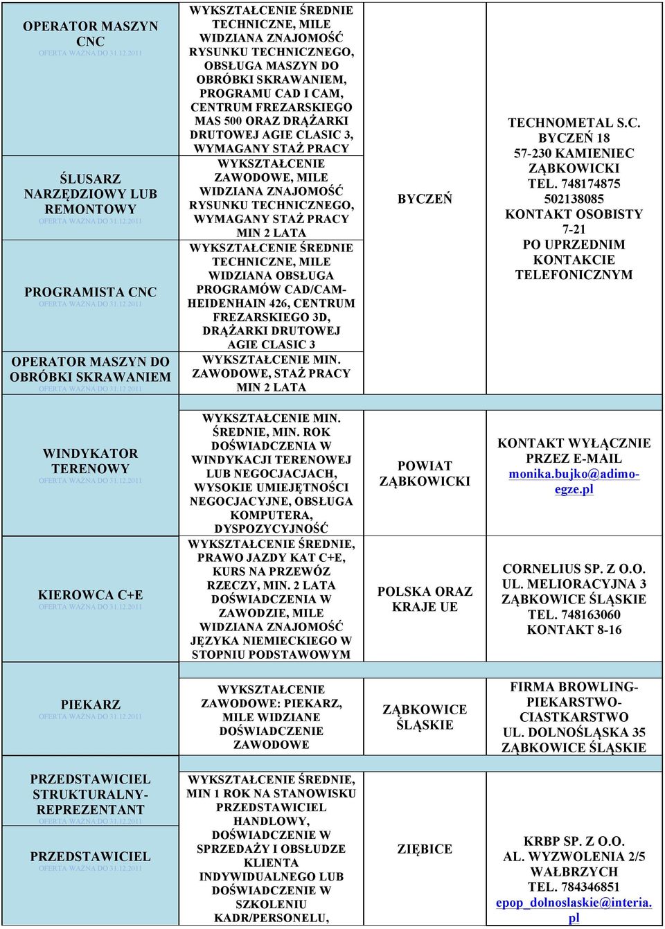 TECHNICZNE, MILE WIDZIANA OBSŁUGA PROGRAMÓW CAD/CAM- HEIDENHAIN 426, CENTRUM FREZARSKIEGO 3D, DRĄŻARKI DRUTOWEJ AGIE CLASIC 3 MIN. STAŻ MIN 2 LATA BYCZEŃ TECHNOMETAL S.C. BYCZEŃ 18 57-230 KAMIENIEC TEL.