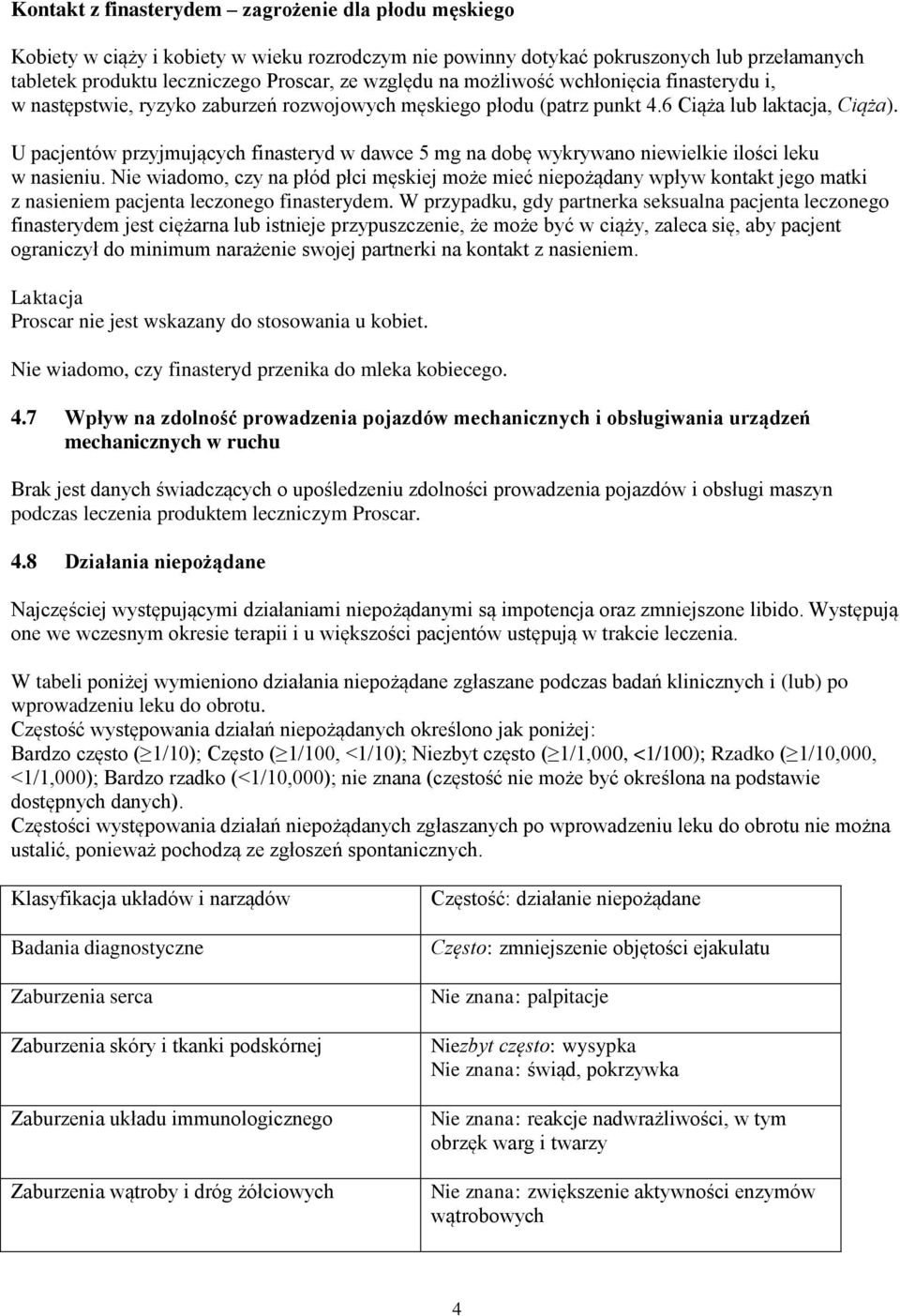 U pacjentów przyjmujących finasteryd w dawce 5 mg na dobę wykrywano niewielkie ilości leku w nasieniu.