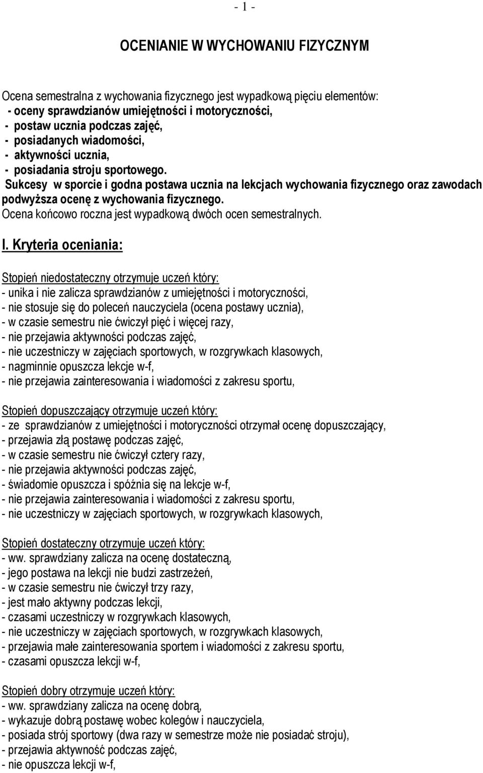 Sukcesy w sporcie i godna postawa ucznia na lekcjach wychowania fizycznego oraz zawodach podwyższa ocenę z wychowania fizycznego. Ocena końcowo roczna jest wypadkową dwóch ocen semestralnych. I.