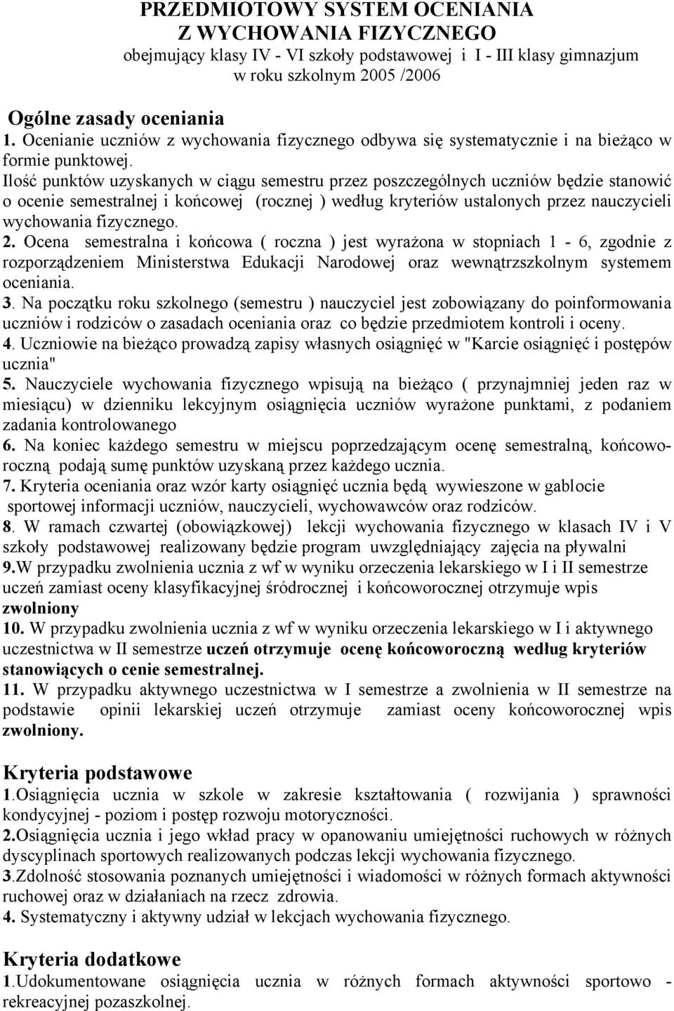 Ilość punktów uzyskanych w ciągu semestru przez poszczególnych uczniów będzie stanowić o ocenie semestralnej i końcowej (rocznej ) według kryteriów ustalonych przez nauczycieli wychowania fizycznego.