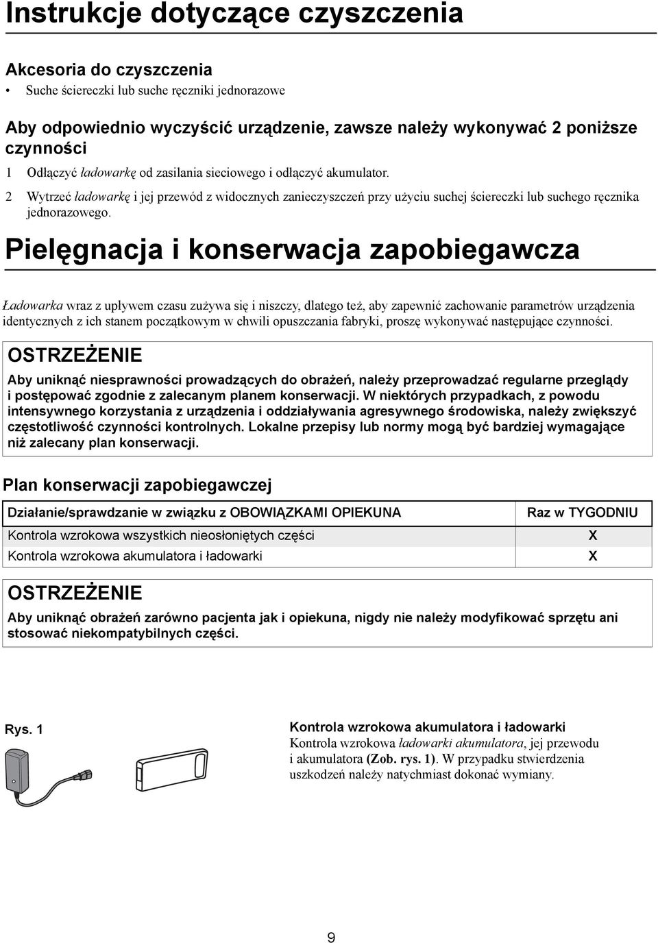 Pielęgnacja i konserwacja zapobiegawcza Ładowarka wraz z upływem czasu zużywa się i niszczy, dlatego też, aby zapewnić zachowanie parametrów urządzenia identycznych z ich stanem początkowym w chwili