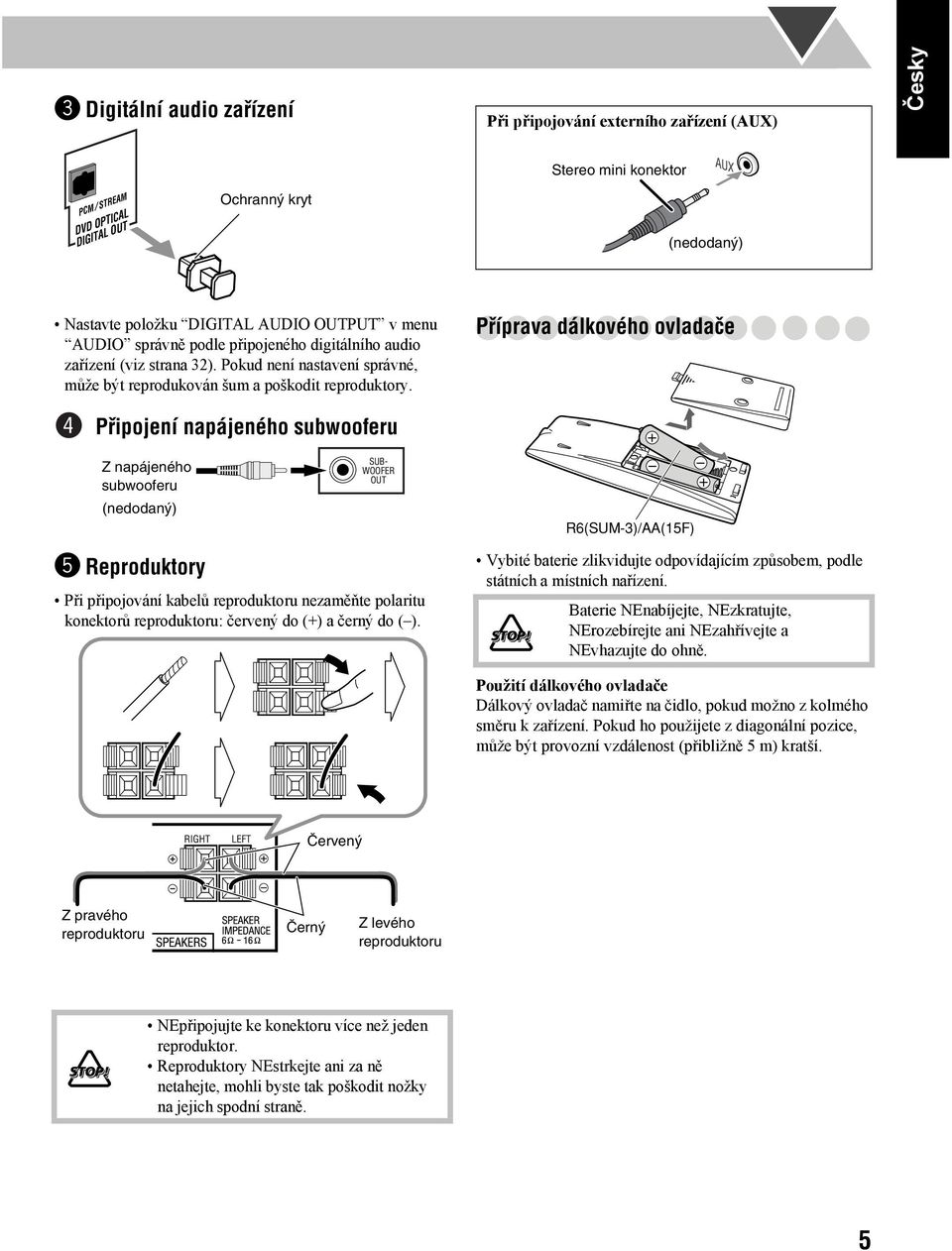 Příprava dálkového ovladače Připojení napájeného subwooferu Z napájeného subwooferu (nedodaný) SUB- WOOFER OUT R6(SUM-3)/AA(5F) @ Reproduktory Při připojování kabelů reproduktoru nezaměňte polaritu