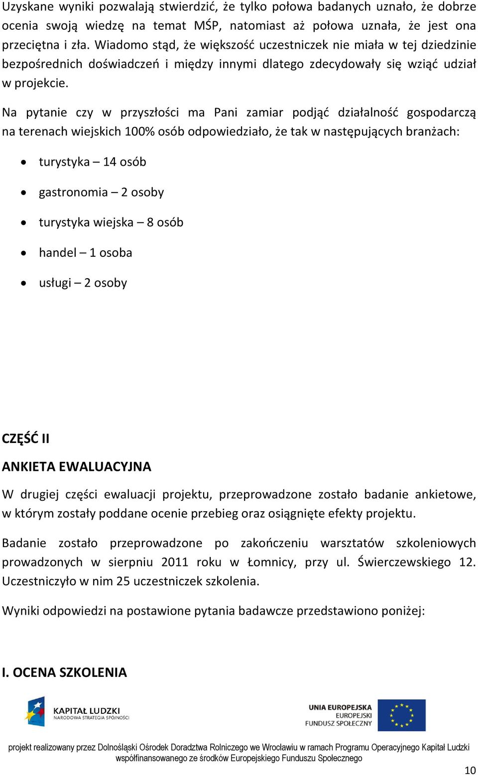 Na pytanie czy w przyszłości ma Pani zamiar podjąć działalność gospodarczą na terenach wiejskich 100% osób odpowiedziało, że tak w następujących branżach: turystyka 14 osób gastronomia 2 osoby