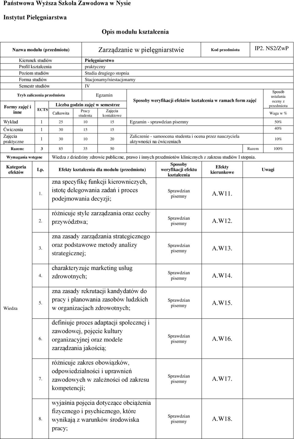 Stacjonarny/niestacjonarny IV Egzamin zajęć w semestrze Całkowita Pracy studenta Zajęcia kontaktowe Sposoby weryfikacji efektów kształcenia w ramach form zajęć Sposób ustalania oceny z przedmiotu