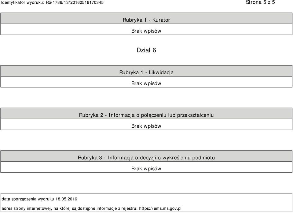 o wykreśleniu podmiotu data sporządzenia wydruku 18.05.