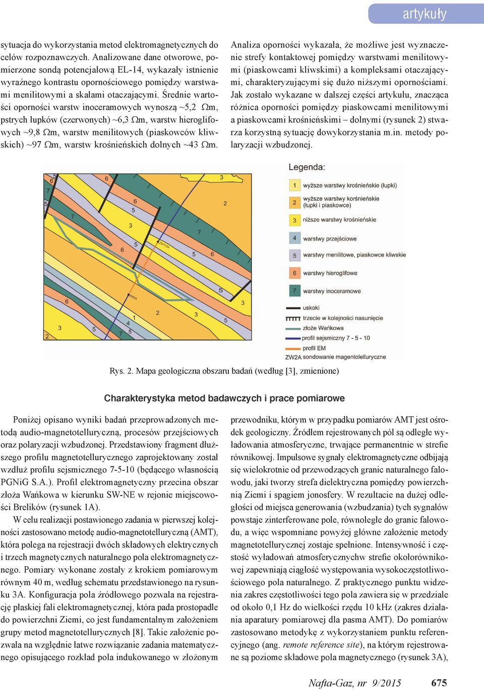 Średnie wartości oporności warstw inoceramowych wynoszą ~5,2 Ωm, pstrych łupków (czerwonych) ~6,3 Ωm, warstw hieroglifowych ~9,8 Ωm, warstw menilitowych (piaskowców kliwskich) ~97 Ωm, warstw