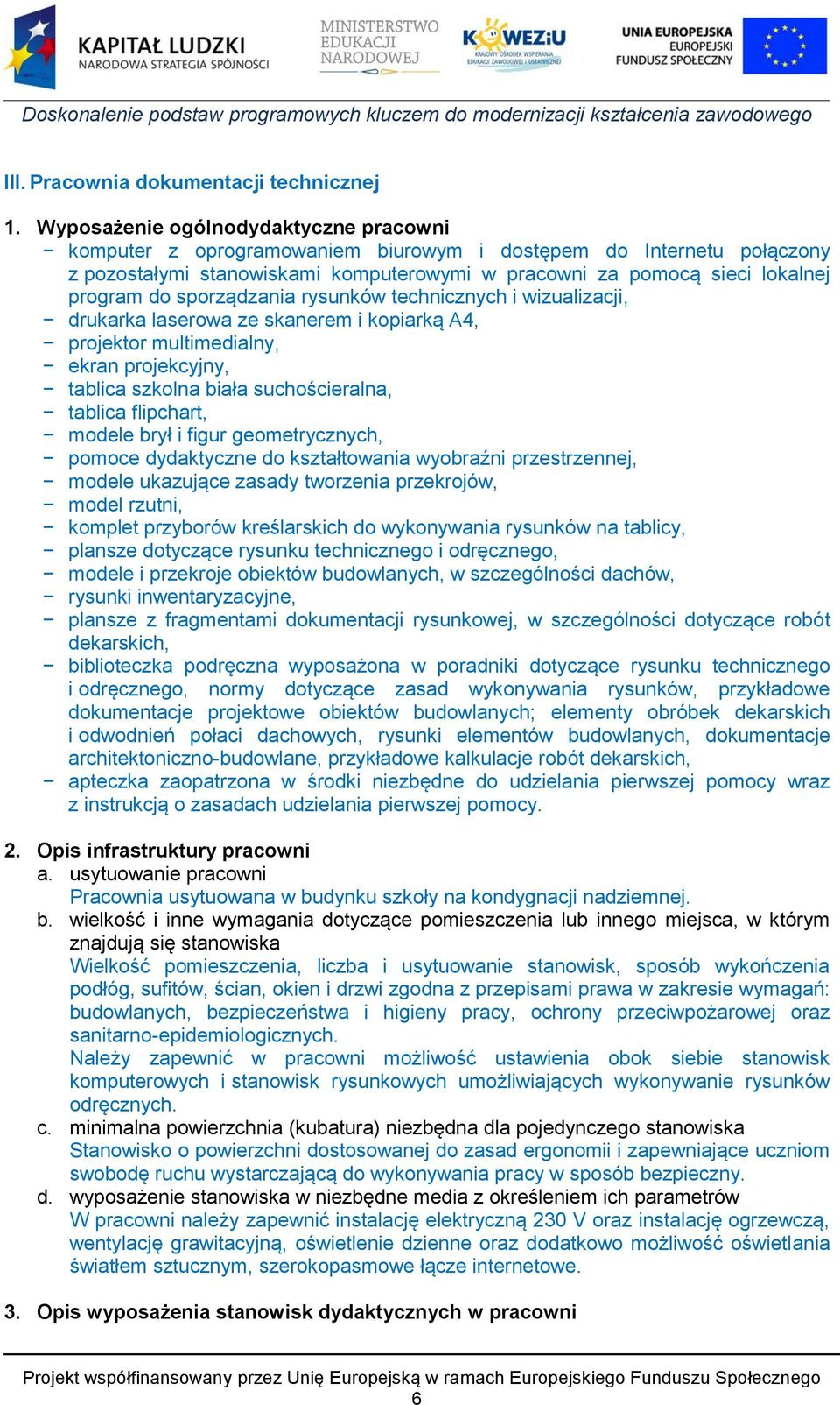 sporządzania rysunków technicznych i wizualizacji, drukarka laserowa ze skanerem i kopiarką A4, projektor multimedialny, ekran projekcyjny, tablica szkolna biała suchościeralna, tablica flipchart,