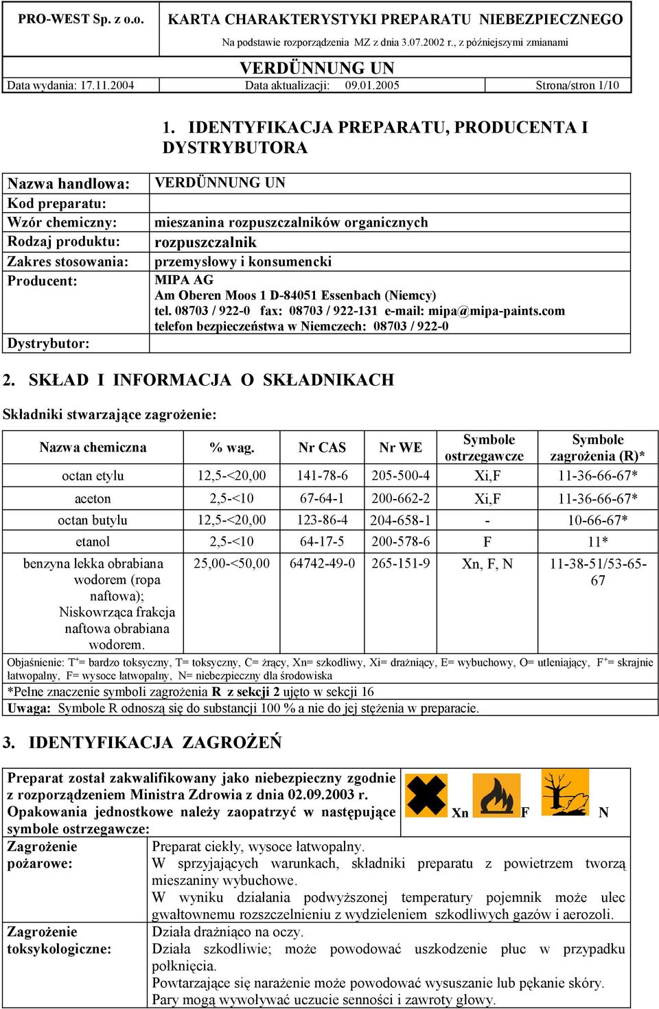 rozpuszczalnik przemysłowy i konsumencki MIPA AG Am Oberen Moos 1 D-84051 Essenbach (Niemcy) tel. 08703 / 922-0 fax: 08703 / 922-131 e-mail: mipa@mipa-paints.