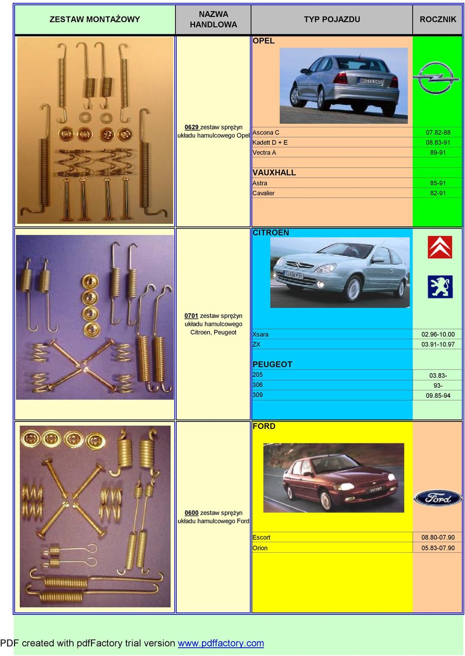 sprężyn Citroen, Peugeot Xsara 02.96-10.00 ZX 03.91-10.