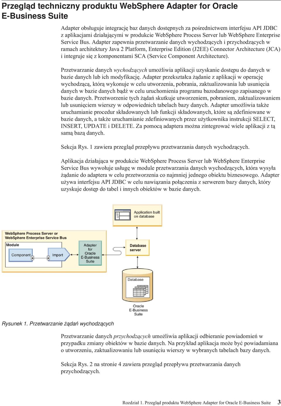 Adapter zapewnia przetwarzanie danych wychodzących i przychodzących w ramach architektury Jaa 2 Platform, Enterprise Edition (J2EE) Connector Architecture (JCA) i integruje się z komponentami SCA