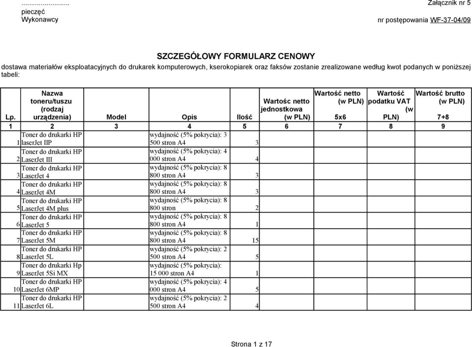 urządzenia) Model Opis Ilość (w PLN) 5x6 PLN) +8 5 6 8 9 wydajność (5% pokrycia): laserjet IIP 500 stron A LaserJet III LaserJet 800 stron A LaserJet M 800 stron A 5 LaserJet M plus 800