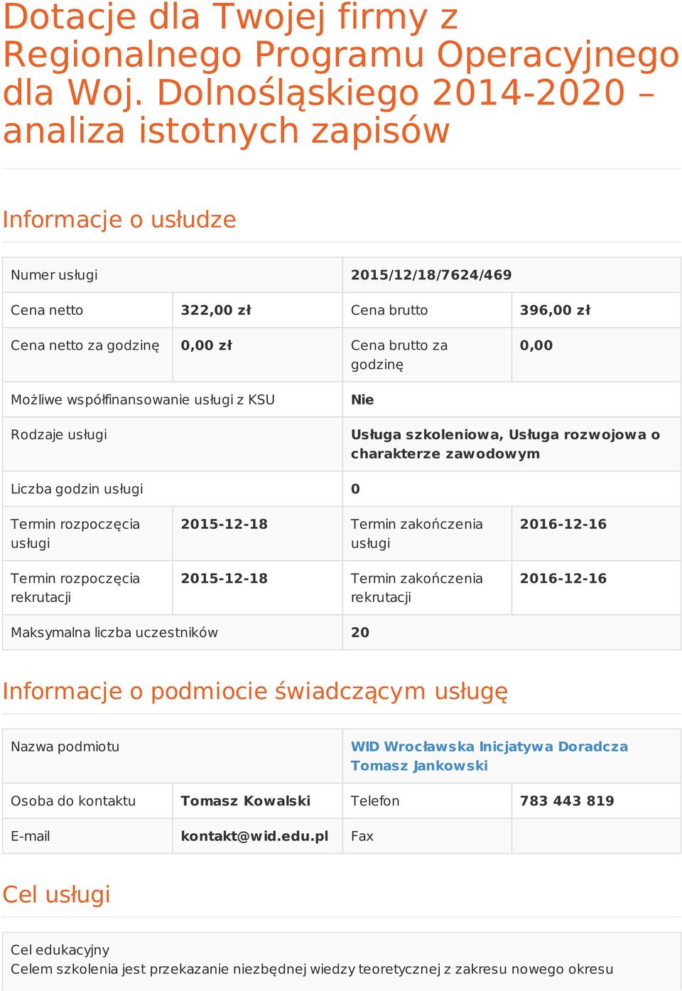 godzinę 0,00 Możliwe współfinansowanie usługi z KSU Rodzaje usługi Nie Usługa szkoleniowa, Usługa rozwojowa o charakterze zawodowym Liczba godzin usługi 0 Termin rozpoczęcia usługi Termin rozpoczęcia