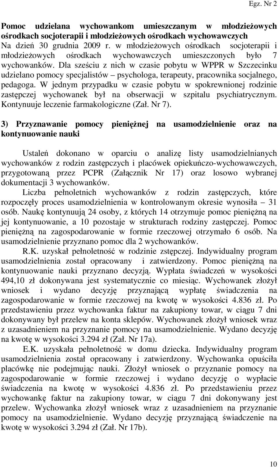 Dla sześciu z nich w czasie pobytu w WPPR w Szczecinku udzielano pomocy specjalistów psychologa, terapeuty, pracownika socjalnego, pedagoga.
