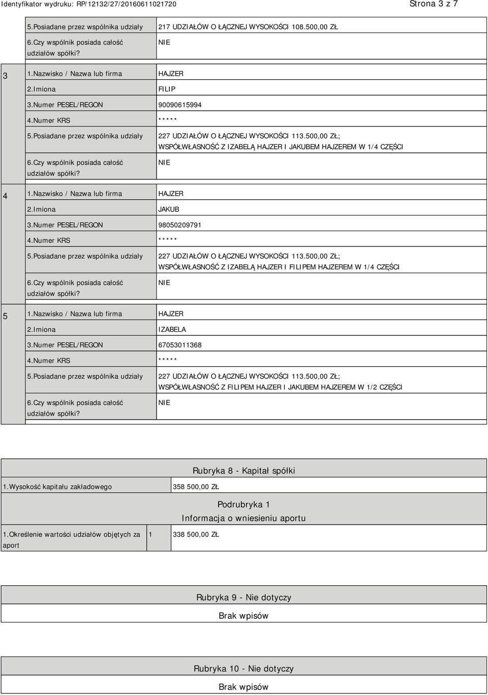 500,00 ZŁ; WSPÓŁWŁASNOŚĆ Z IZABELĄ HAJZER I FILIPEM HAJZEREM W 1/4 CZĘŚCI 5 1.Nazwisko / Nazwa lub firma HAJZER IZABELA 3.Numer PESEL/REGON 67053011368 227 UDZIAŁÓW O ŁĄCZNEJ WYSOKOŚCI 113.