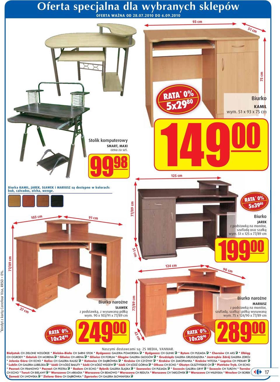 103 cm 91 cm 77/89 cm 5x39 80 Biurko JAREK z podstawką na monitor, szufladą oraz szafką wym. 51 x 125 x 77/89 cm 199 00 51 cm *Kredyt z kartą Carrefour Visa, RRSO = 0%.