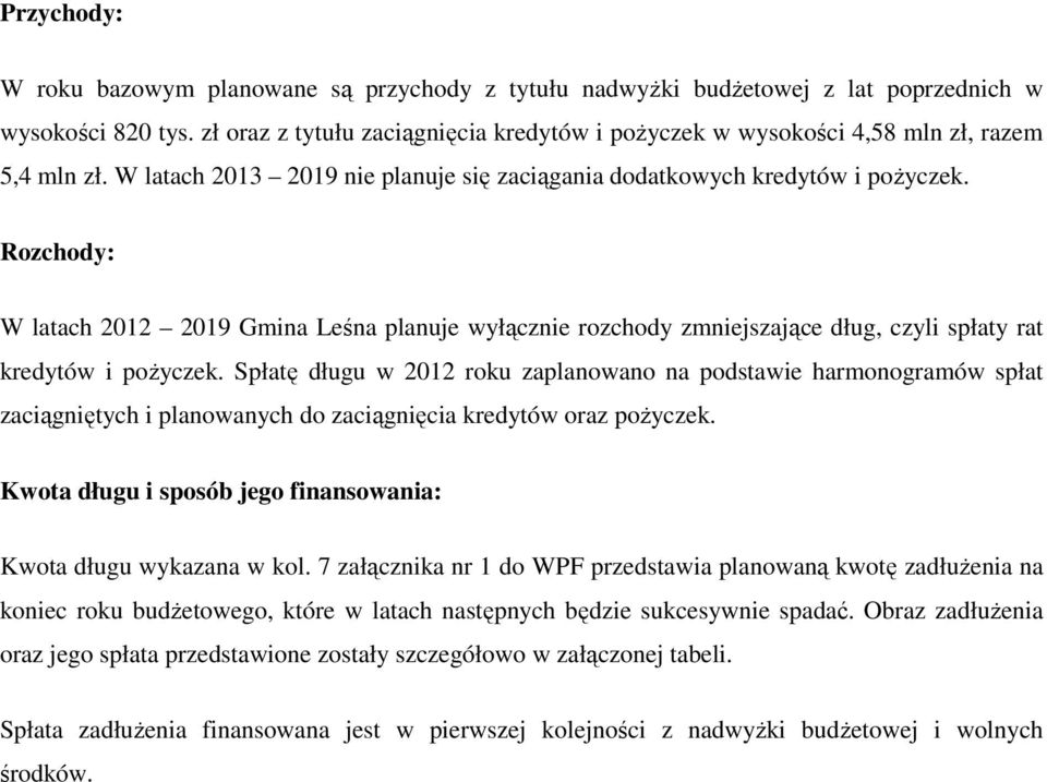 Rozchody: W latach 2012 2019 Gmina Leśna planuje wyłącznie rozchody zmniejszające dług, czyli spłaty rat kredytów i pożyczek.