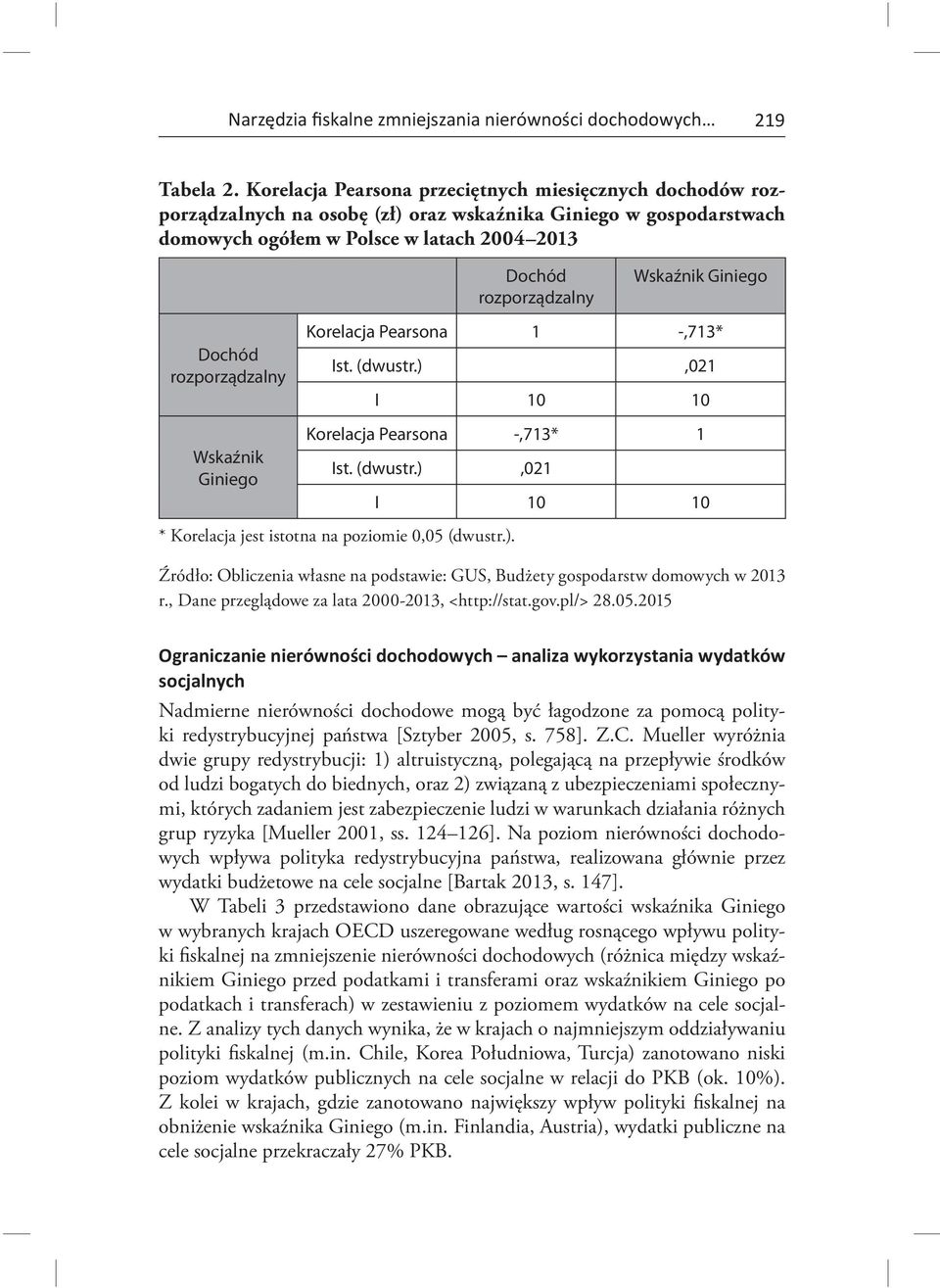 rozporządzalny Wskaźnik Giniego Korelacja Pearsona 1 -,713* Ist. (dwustr.),021 I 10 10 Korelacja Pearsona -,713* 1 Ist. (dwustr.),021 * Korelacja jest istotna na poziomie 0,05 (dwustr.). I 10 10 Źródło: Obliczenia własne na podstawie: GUS, Budżety gospodarstw domowych w 2013 r.