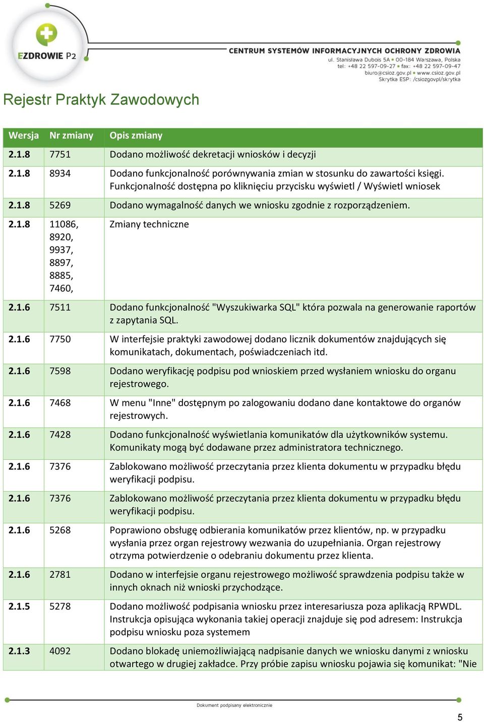 1.6 7511 Dodano funkcjonalność "Wyszukiwarka SQL" która pozwala na generowanie raportów z zapytania SQL. 2.1.6 7750 W interfejsie praktyki zawodowej dodano licznik dokumentów znajdujących się komunikatach, dokumentach, poświadczeniach itd.