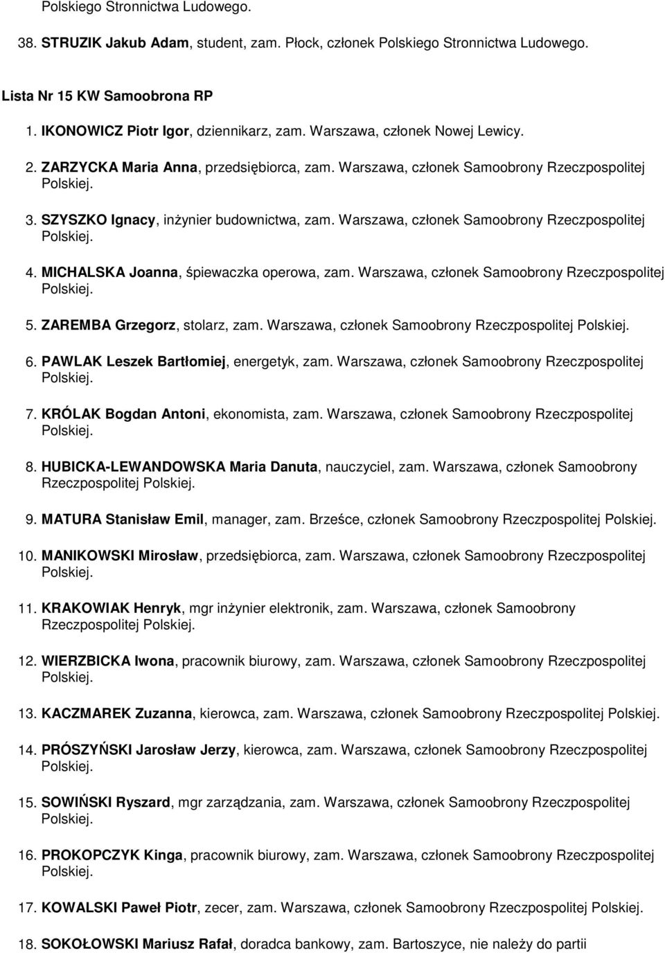 Warszawa, członek Samoobrony Rzeczpospolitej 4. MICHALSKA Joanna, śpiewaczka operowa, zam. Warszawa, członek Samoobrony Rzeczpospolitej 5. ZAREMBA Grzegorz, stolarz, zam.