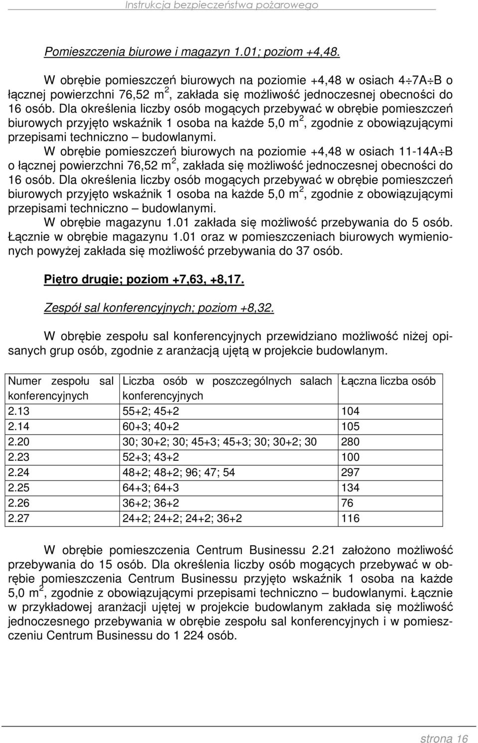 Dla określenia liczby osób mogących przebywać w obrębie pomieszczeń biurowych przyjęto wskaźnik 1 osoba na każde 5,0 m 2, zgodnie z obowiązującymi przepisami techniczno budowlanymi.