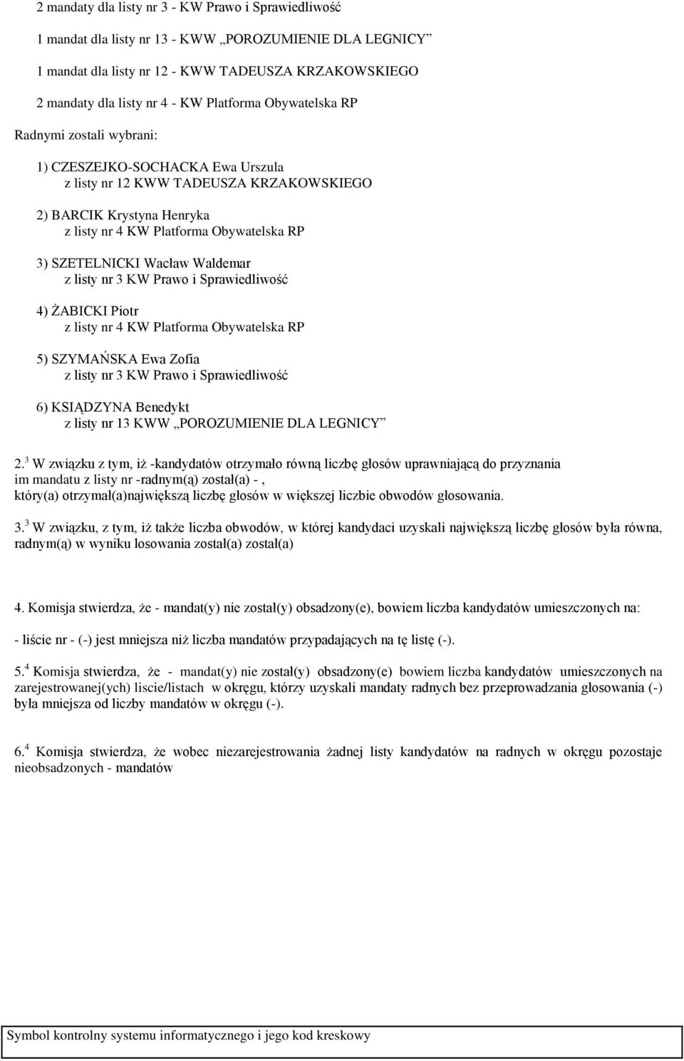BARCIK Krystyna Henryka 3) SZETELNICKI Wacław Waldemar 4) ŻABICKI Piotr 5)