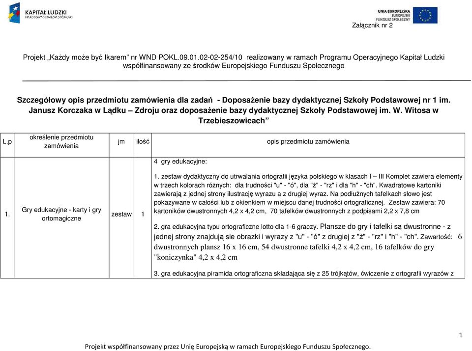 bazy dydaktycznej Szkoły Podstawowej nr 1 im. Janusz Korczaka w Lądku Zdroju oraz doposaŝenie bazy dydaktycznej Szkoły Podstawowej im. W. Witosa w Trzebieszowicach L.