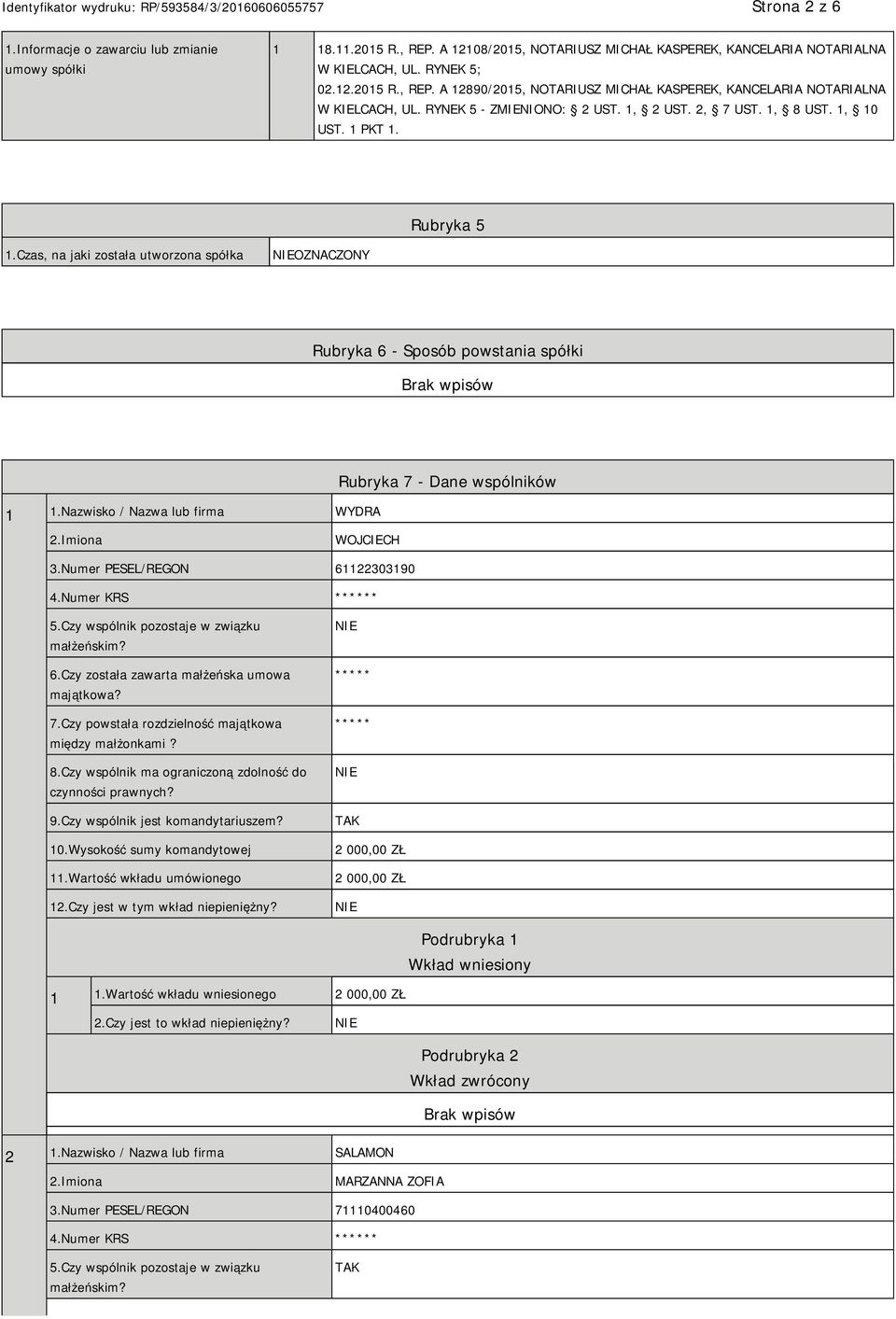 Nazwisko / Nazwa lub firma WYDRA Rubryka 7 - Dane wspólników 2.Imiona WOJCIECH 3.Numer PESEL/REGON 61122303190 4.Numer KRS * 5.Czy wspólnik pozostaje w związku małżeńskim? 6.Czy została zawarta małżeńska umowa majątkowa?