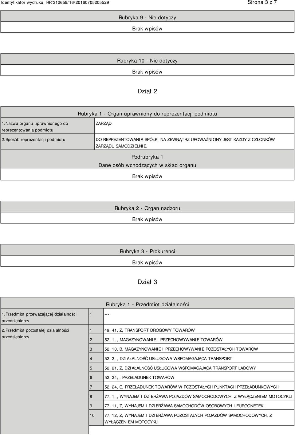 Podrubryka 1 Dane osób wchodzących w skład organu Rubryka 2 - Organ nadzoru Rubryka 3 - Prokurenci Dział 3 Rubryka 1 - Przedmiot działalności 1.Przedmiot przeważającej działalności przedsiębiorcy 2.
