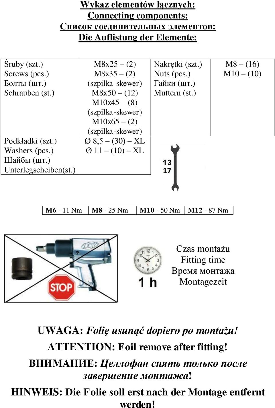 ) M8x25 (2) M8x35 (2) (szpilka-skewer) M8x50 (12) M10x45 (8) (szpilka-skewer) M10x65 (2) (szpilka-skewer) Ø 8,5 (30) XL Ø 11 (10) XL Nakrętki (szt.) Nuts (pcs.) Гайки (шт.