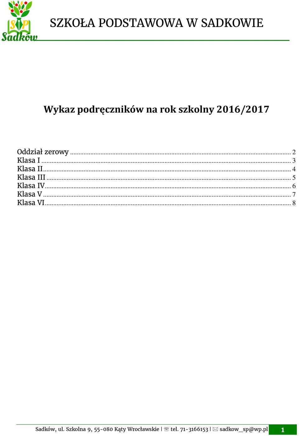 .. 5 Klasa IV... 6 Klasa V... 7 Klasa VI... 8 Sadków, ul.