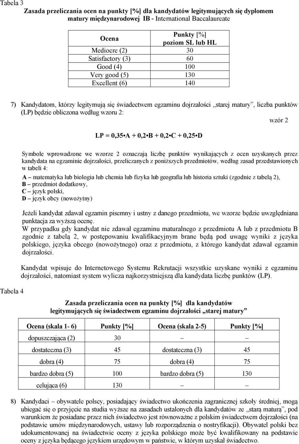 wzoru 2: wzór 2 LP = 0,35 A + 0,2 B + 0,2 C + 0,25 D Symbole wprowadzone we wzorze 2 oznaczają liczbę punktów wynikających z ocen uzyskanych przez kandydata na egzaminie dojrzałości, przeliczanych z