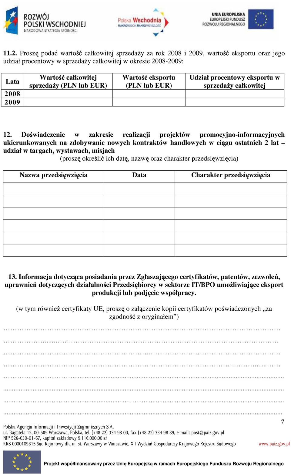 wartość eksportu oraz jego udział procentowy w sprzedaŝy całkowitej w okresie 2008-2009: (proszę określić ich datę, nazwę oraz charakter przedsięwzięcia) 12.